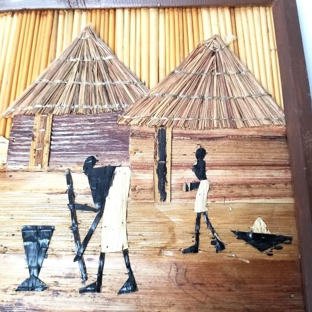 African Wall Art Bamboo Village Scene Framed Handmade Boho Global Decor 18x14